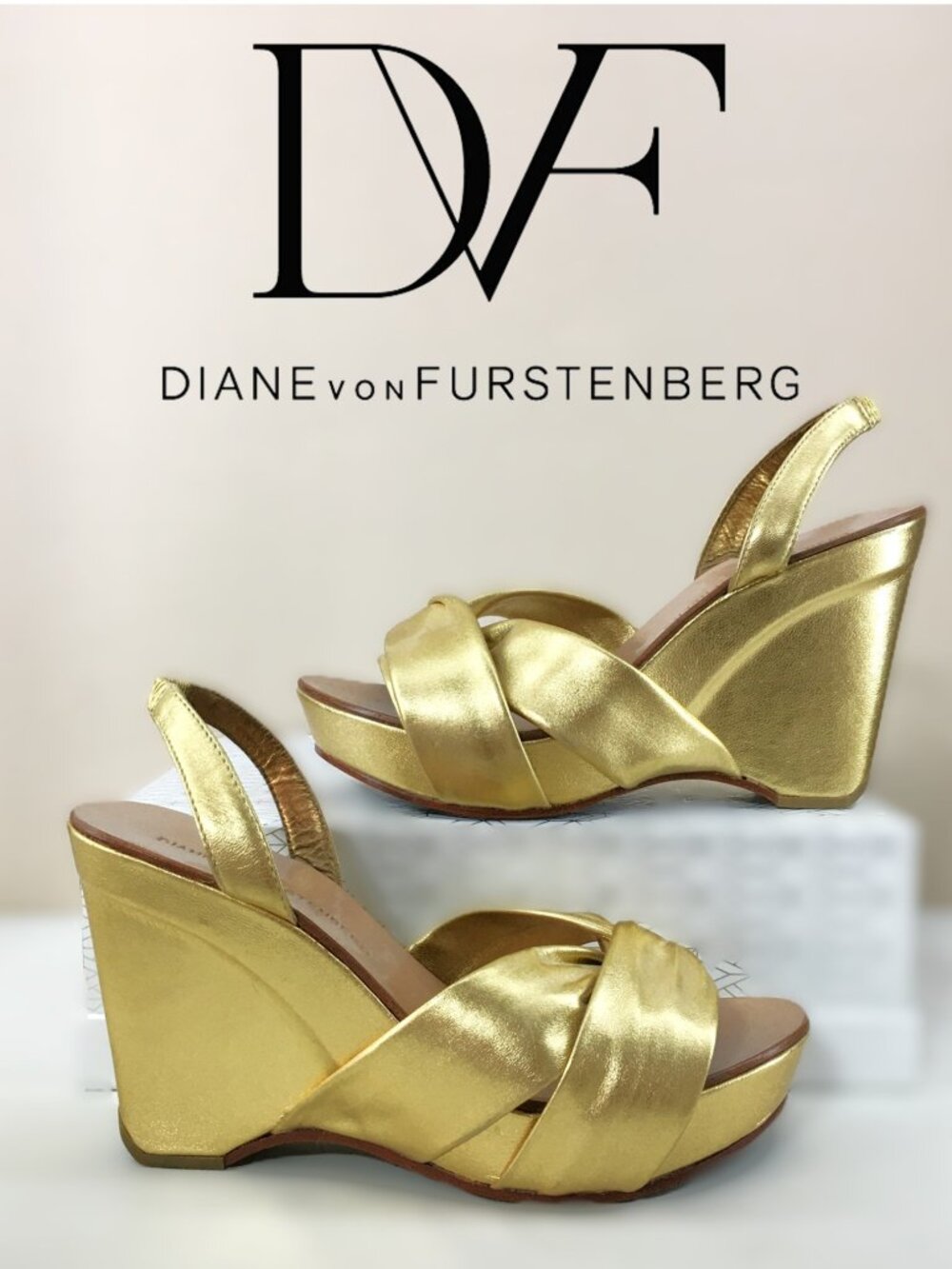 𝐃𝐢𝐚𝐧𝐞 𝐯𝐨𝐧 𝐅𝐮𝐫𝐬𝐭𝐞𝐧𝐛𝐞𝐫𝐠 Metallic Gold Leather Wedge Sandals - 6